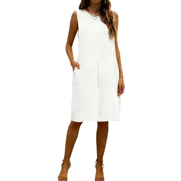 Vestido de Verano de Mujer con Bolsillos sin Mangas Cambio de Lino de Rodilla Vestido de Verano Casual Bolsillos Laterales de Tela Transpirable Colores Versátiles