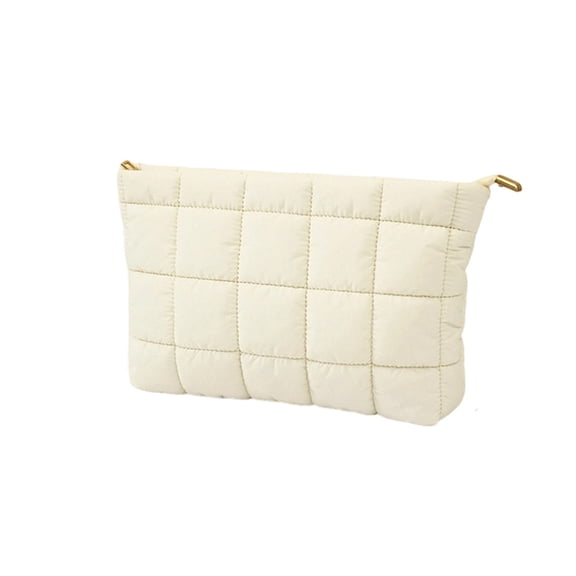 Hyknon Makeup Bag Travel Toiletry Bag, Quilted Simple Cosmetic Pouch with Zipper, Portable Nylon Makeup Organizer Case, Lightweight Puffy Storage Bag for Women Work Trips Vacations Daily, White