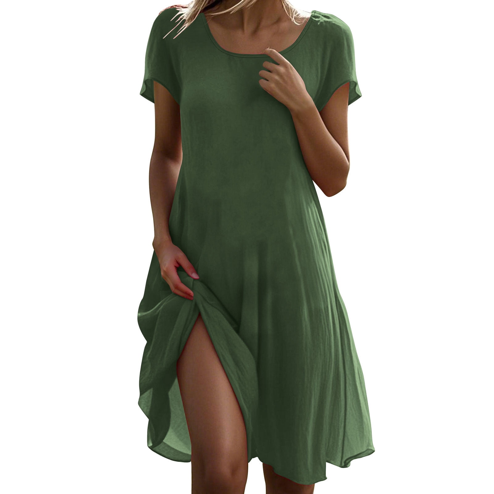 Robes à Manches Courtes Vert Lime Armée pour Femmes Col Rond Faux Lin Rayonne Plage Décontractée Hawaïenne Tropicale Basique Midi Longueur Genou Été Automne 2025 Vêtements Mode m