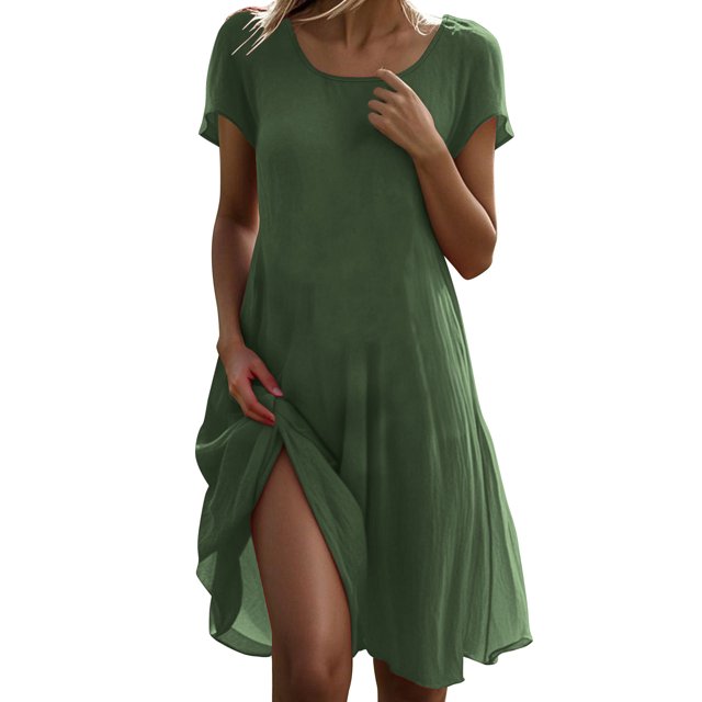 Robes de Plage Vert Lime Armée pour Femmes Automne Été Manches Courtes Col Rond Faux Lin Rayonne Longueur Midi Genou Hawaïen Tropical Basique Robes Dames 2025 Vêtements Tendance TG