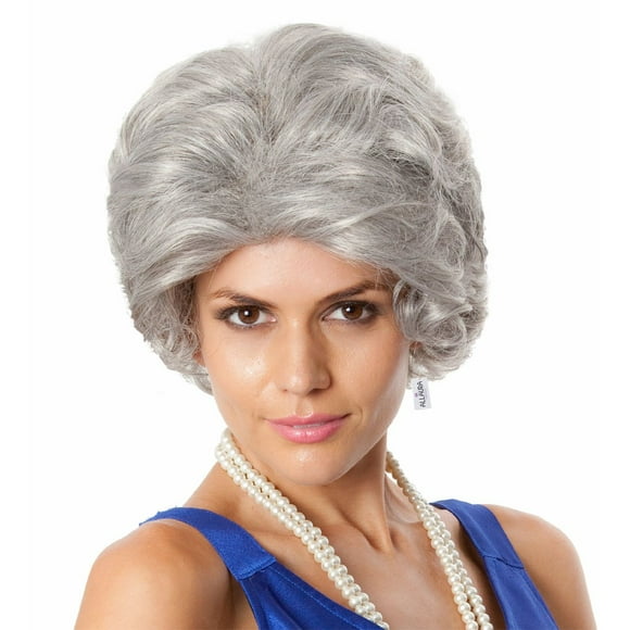 ALLAURA Perruque Vieille Dame Perruque Grand-Maman Costume de Mamie Perruques Grises Costume Queen Elizabeth pour Filles Convient à Tous Adultes Femmes Perruques pour Filles - Perruques de Mamie pour Enfants