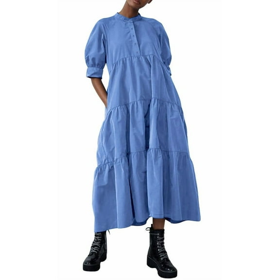 Chouyatou Women's Summer Puff Sleeve Maxi Tiered Babydoll Dress Casual A-Line Swing Long Shirt Dress