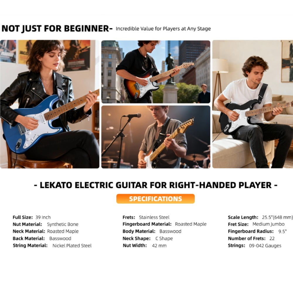 LEKATO 39-inch Electric Guitar Kit for Beginner Roasted Maple Neck & Fingerboard Stainless Steel Rounded Head Frets with Amplifier, Bag, Capo, Strap, String, Tuner, Cable, Picks