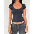 thumbnail image 5 of Lnzyyephy Women T-shirt, Short Sleeve Square Neck Lace Patchwork Bow Summer Tops Streetwear, 5 of 7