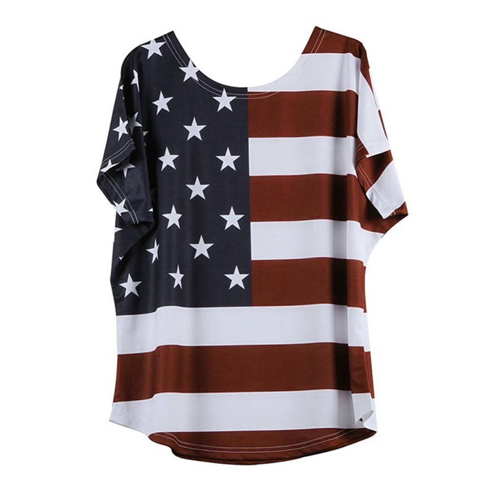 Womens Cold Shoulder Tunic Tops USA Flag Stripe Patriotic Summer Shirt Floral O-Neck Casual Independence Day T Shirt 