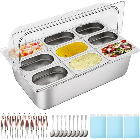 Countertop Food Display Container 9 Pans with 3 Ice Packs Cold Food Serving Tray Condiment Dispenser Salad Dressing Appetizer Spice Fruit Cold Serving Buffet Tray