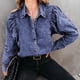 thumbnail image 4 of Camisa vaquera Cuello vuelto Botones en el pecho Puff Manga larga Chaqueta vaquera elegante de moda, 4 of 6