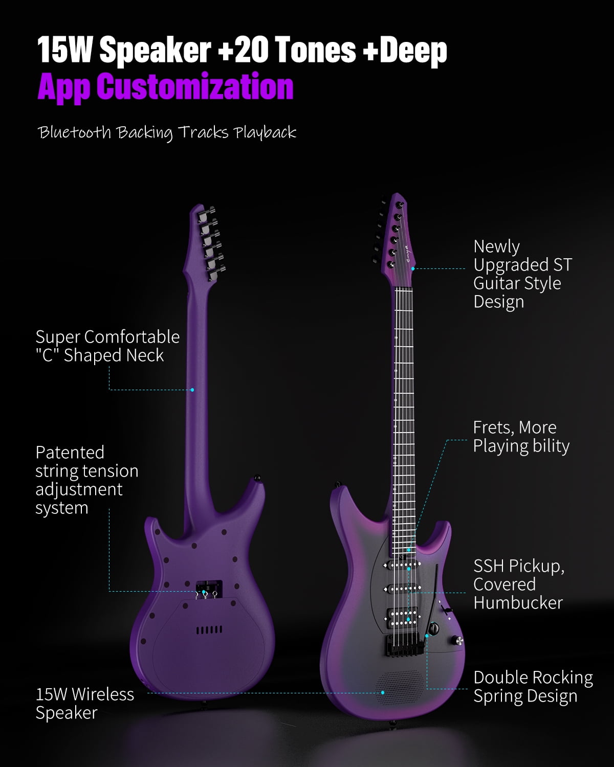 Enya Electric Guitar Inspire 39" Smart Electric Carbon Fiber Guitarra with 15W Wireless Speaker, 20 Distinct Tones, Onboard Presets, Charging Cable, Adjusting Wrench, and Gig Bag