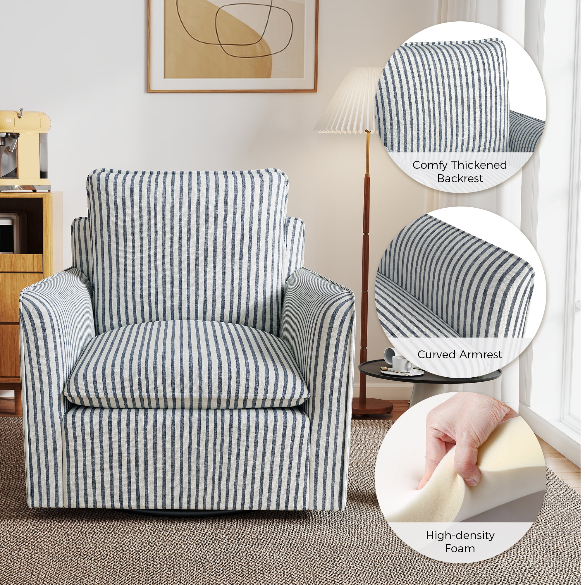 Ebello 360° Swivel Chair with Thick Padded Backrest Cushion – Fabric Square Accent Chair for Living Room, Bedroom, Office – Fully Assembled, Blue Stripe