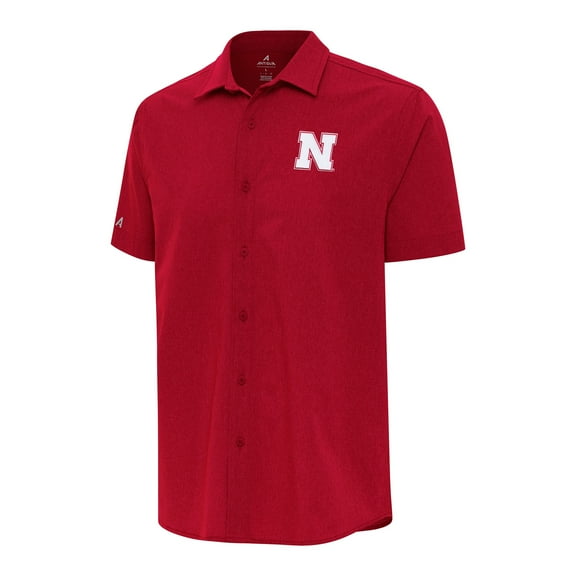 Men's Antigua Red Nebraska Huskers Activate Woven Short Sleeve Button-Down Shirt