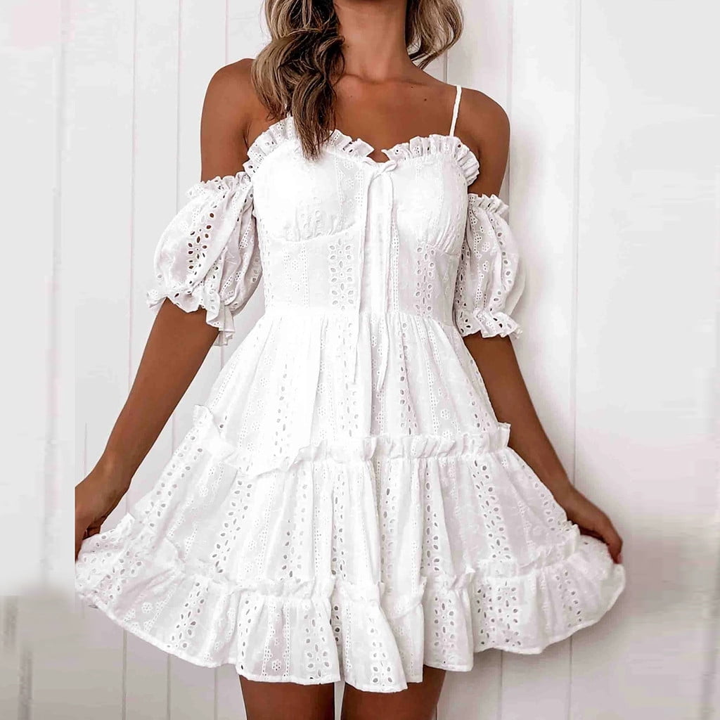 【新品】　Emboridered Lace Back Dress Zip Back Layered Hem Lace Dress, White, Medium : Amazon.ca