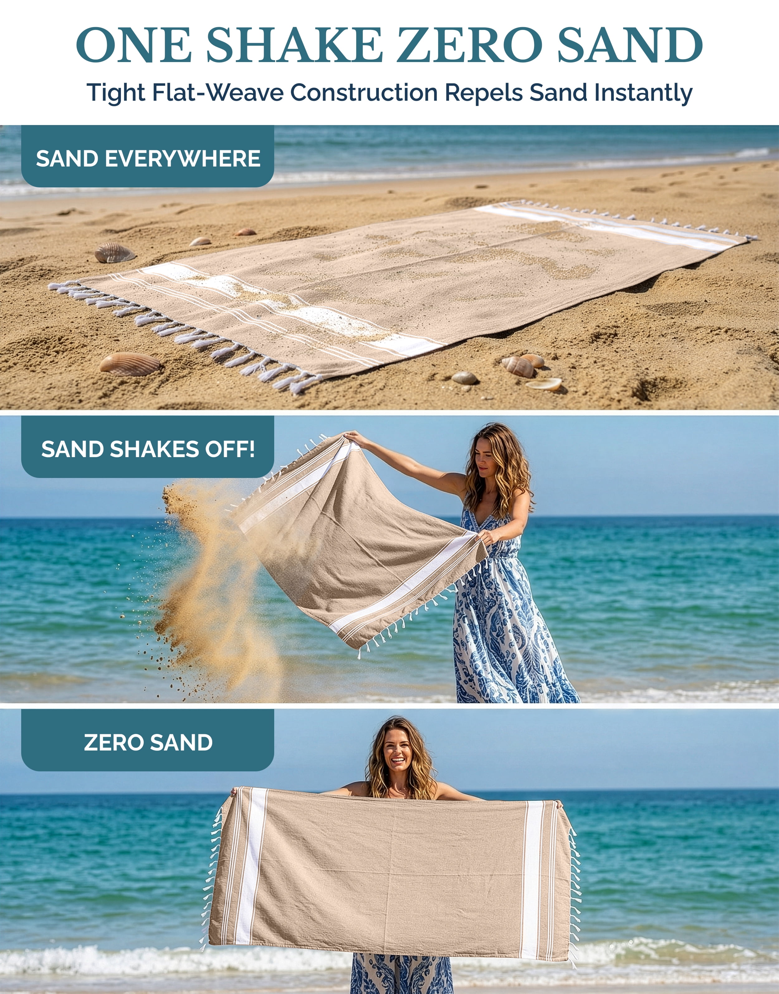 Casa Platino Cotton Beach Towels 4 Pack – Oversized, Sand Free, Ideal for Travel and Family Fun at the Beach – Beige