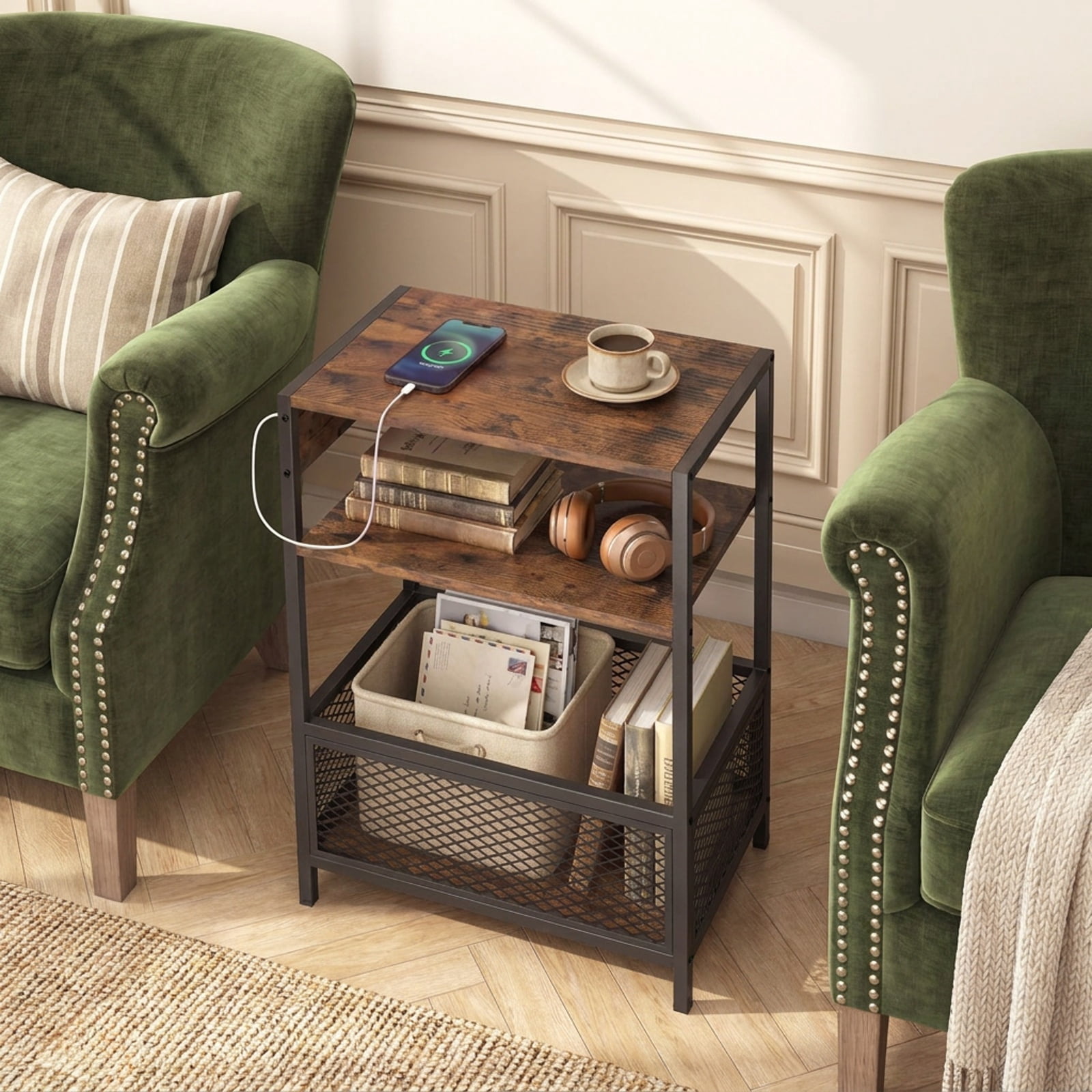 Furnibear 3 Tier Industrial Side Table with 2 AC Outlets USB and Type-C Ports and Metal Frame for Living Room Bedroom Home Office, Rustic Brown