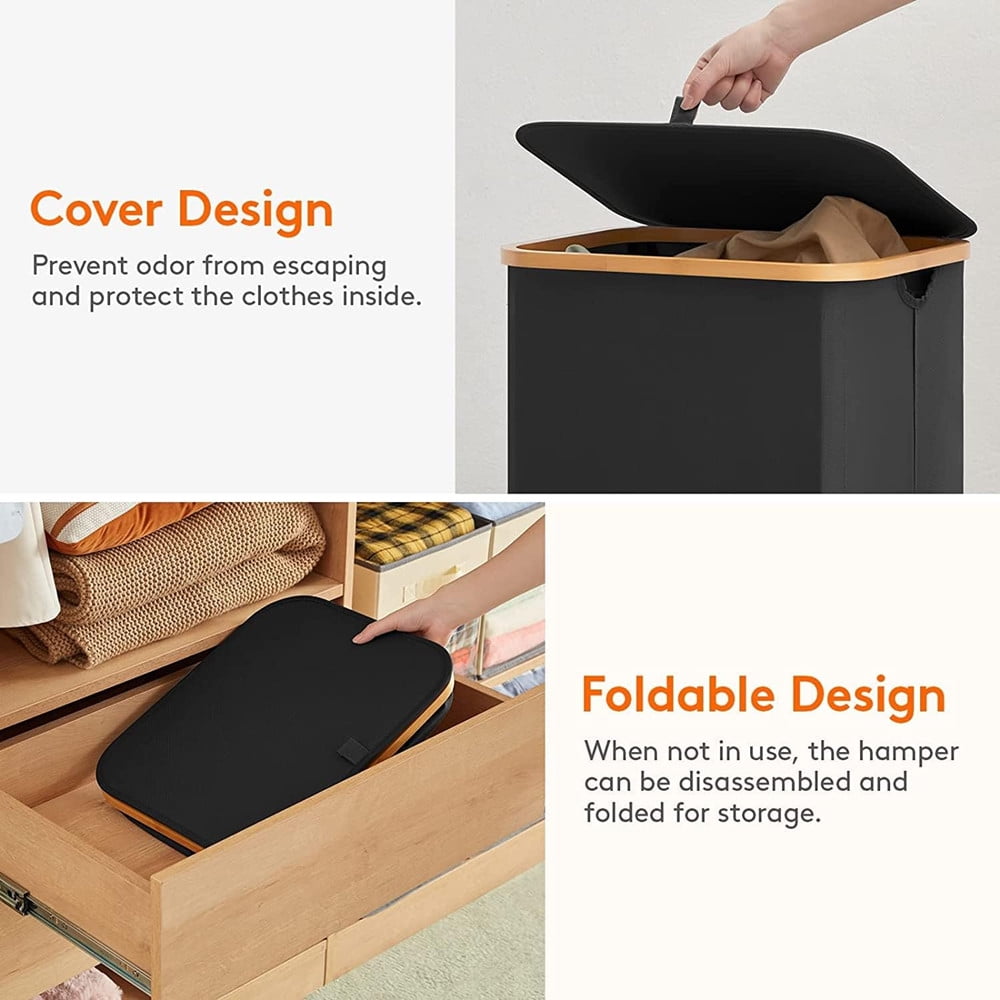 TEAFIRST Laundry Basket ,with Hamper Lid 100L Collapsible Removable Bag for Bedroom Bathroom, Black