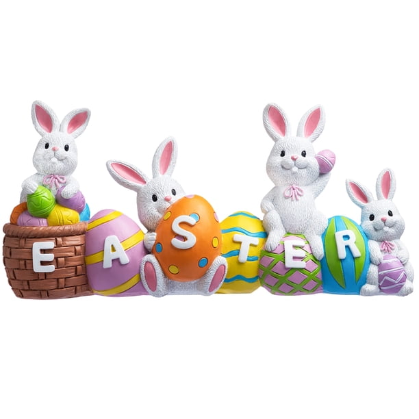 JOYIN Huevos de Pascua con la palabra de Pascua de resina centro de mesa, decoración de 4 conejos, conejito y huevo, figura para decoración del hogar y la oficina