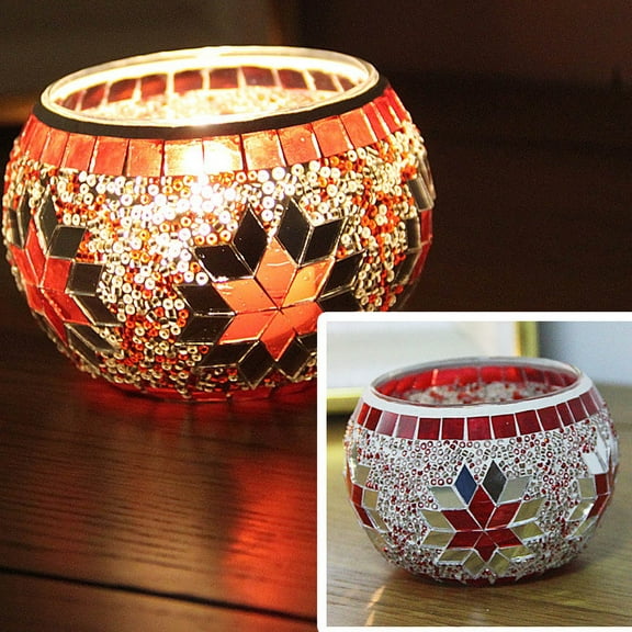Luxcidy Mosaic Glass Tea Light Holders Romantic Stained Votive Candle Holder, Round Handmade Tealight Candle Holder for Table Centerpieces, Christmas, Valentine, Birthday Party Decor(Red)