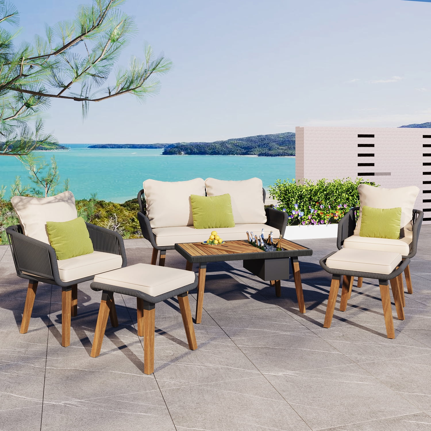 Aimee Lii Outdoor Patio Acacia Wood & Rope 6-Piece Furniture Set with Ice Bucket, Patio Conversation Set with Ottomans, Beige