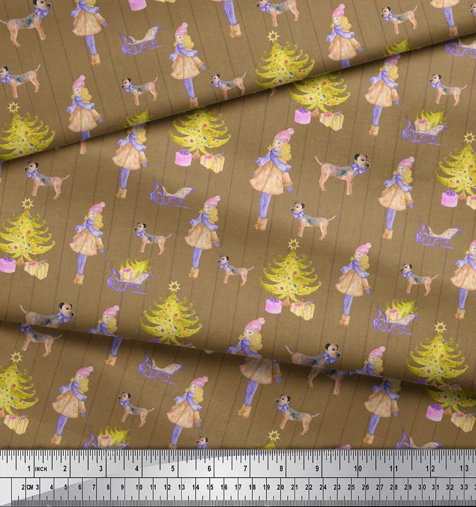 Soimoi Brown polyester Crepe Fabric Women,Gift Box & Tree Christmas Fabric Prints By Yard 42 Inch Wide