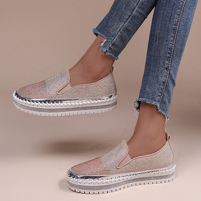 Zapatos de mujer, punta redonda, moda, diamantes de imitación, fondo plano y fondo grueso, zapatos informales con Pedal Wmkox8yii FOPL1616