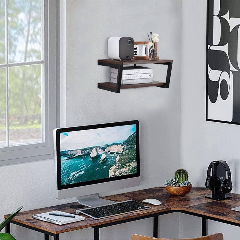 LUCKUP Wall Mounted Floating Wall Shelves, 2 Shelves Wood with Metal Steel Frame Projector Shelf, AV Media Stand, Entertainment Center, Strengthened Metal Steel Frame