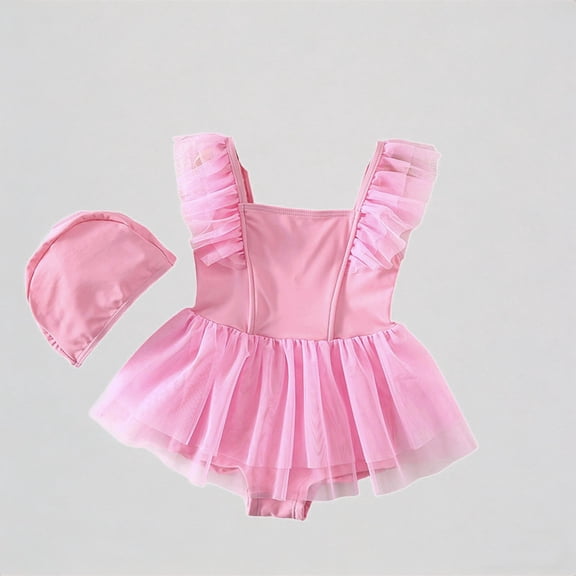 Krdevn Baby Girls Two Piece Swimsuit Set Soft Square Neck Tulle Ruffle Strap Layered Tulle Skirt Matching Cap UPF 50 Summer Beach Pool Swimwear,2-3 Years