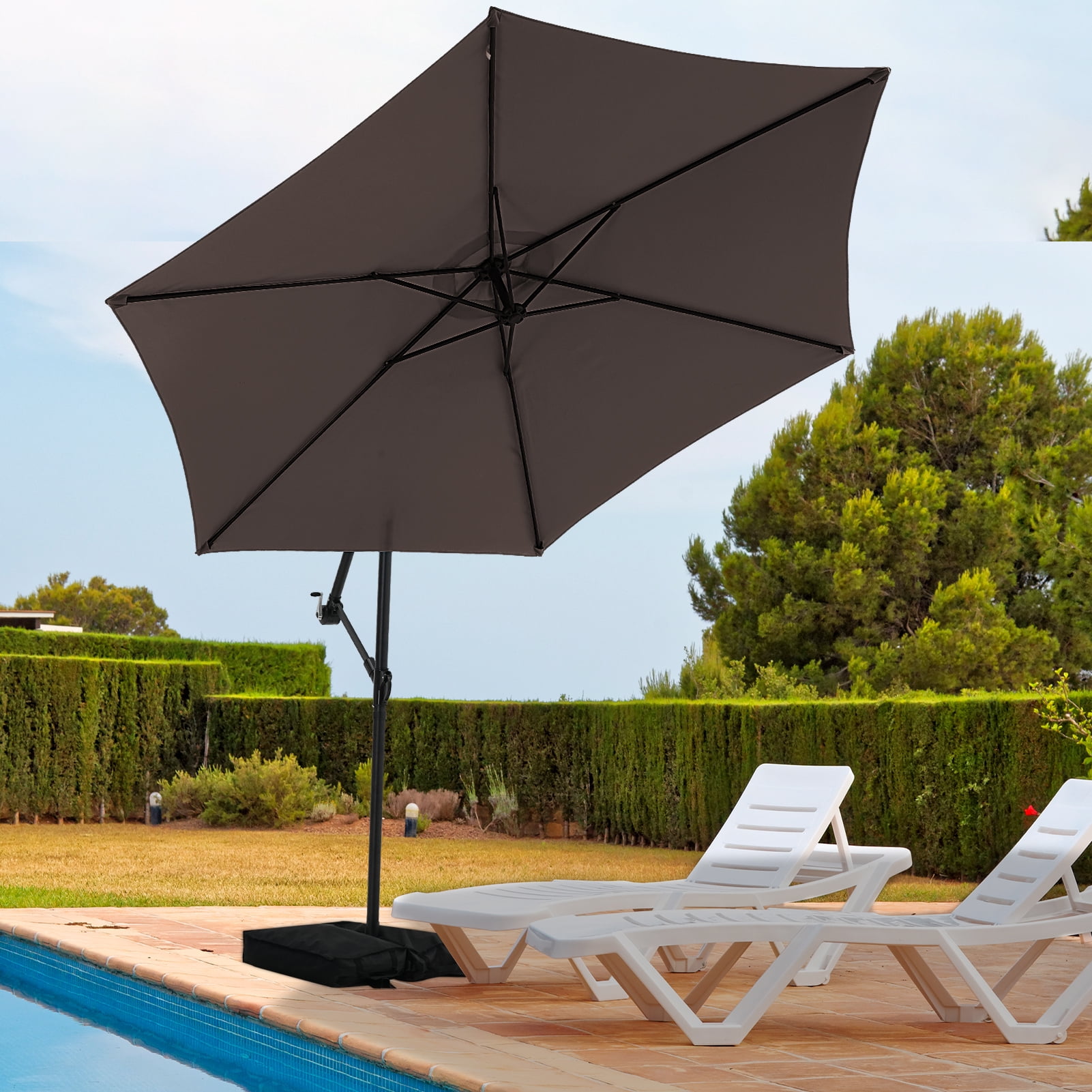 Autlaycil 10 ft Cantilever Offset Outdoor Patio Umbrella with Base Stand Rotate and Tilt - Brown