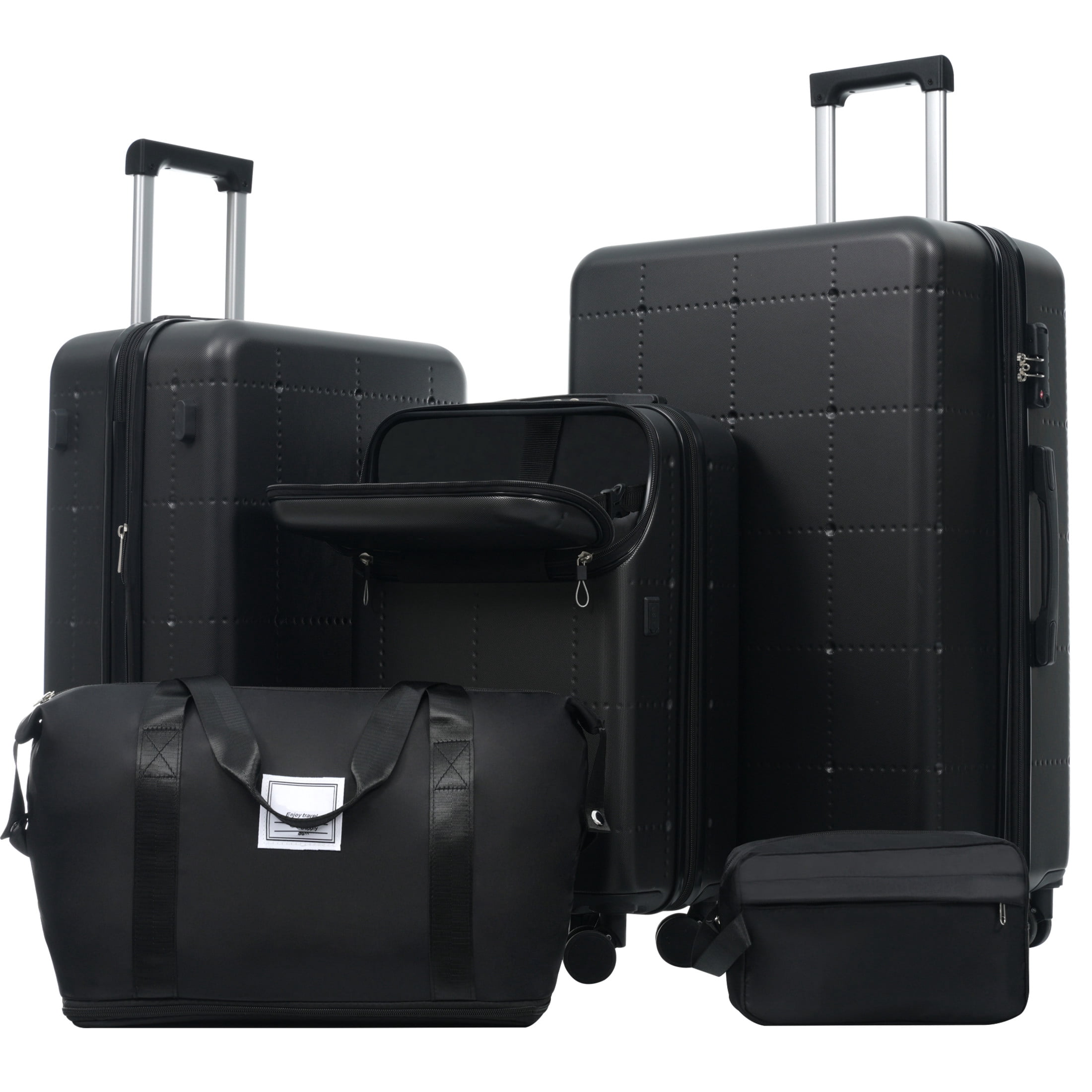 GDF Studio 5-Piece Hardside Luggage Set, Carry-On Suitcase with USB Port and Checked Bags, Spinner Wheels, Black