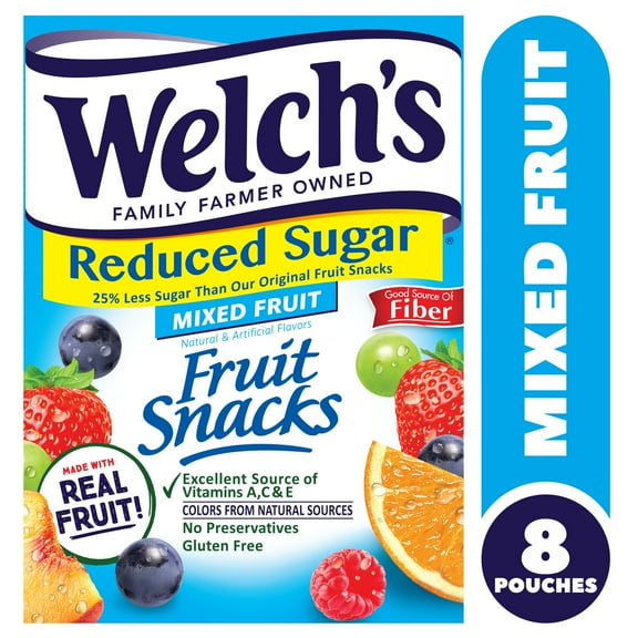 Welch's Fruit Snacks Reduced Sugar Mixed Fruit Soft Fruit Snacks, .8 oz, 8 Count