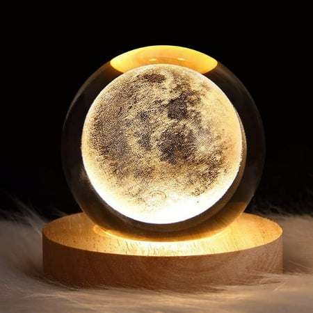 

Wewean Moon Crystal Ball Night Light Wood Base 3D Astronomy Pattern Warm Light Tabletop Decoration Office Bedroom H505