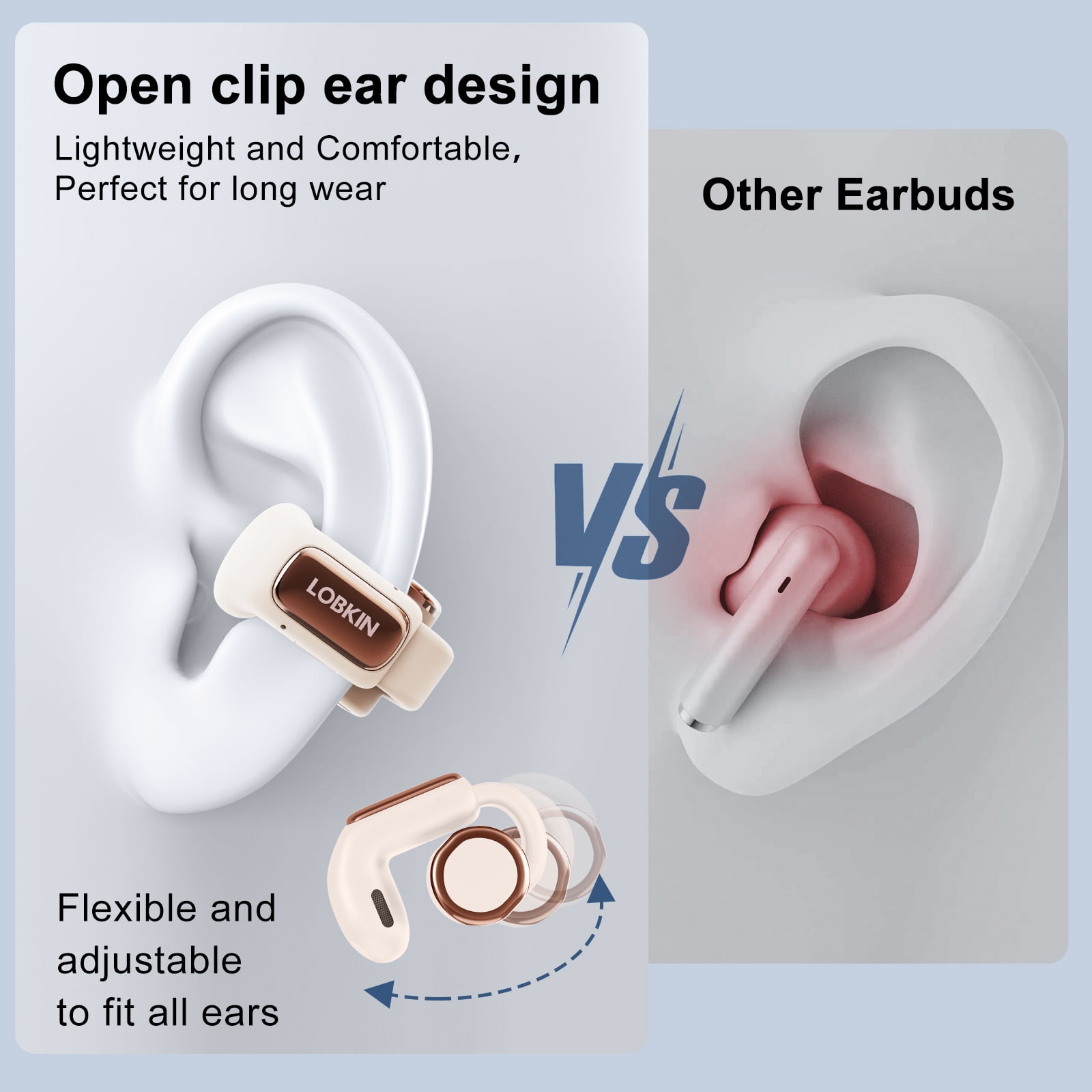 LOBKIN Open Ear Earbuds, Wireless Earbuds, Bluetooth Headphones with Mic, LED Display, Bluetooth 5.4, 36H Playtime, Light Weight, Clip On Earbuds for Workout/Running (Off-White)