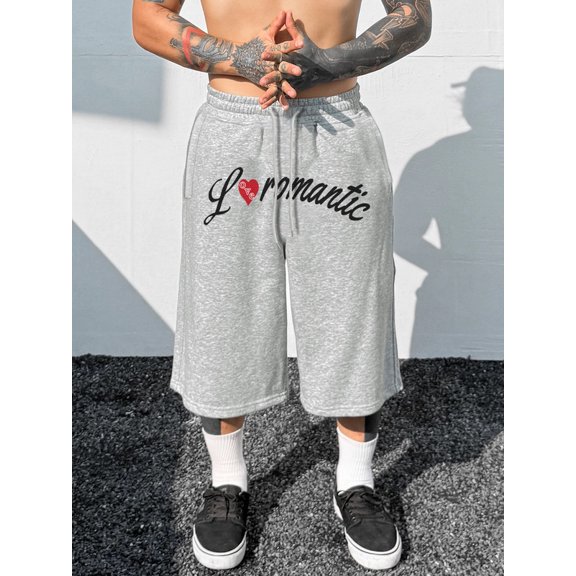 Men's Letter Print Knee Length Sweat Shorts, Drawstring Elastic Waist Wide Leg Casual Jersey Shorts with Side Pockets