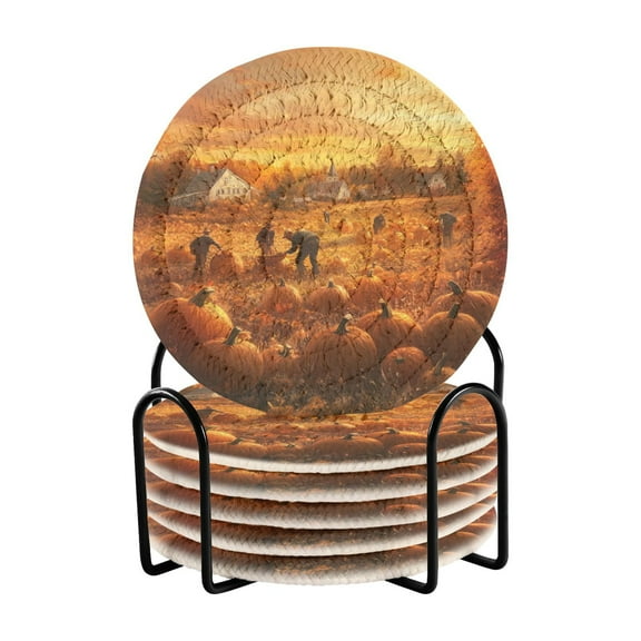 Thanksgiving Farm Harvest Drink Coasters with Holder Absorbent Coaster for Coffee Table Room Decor 6 Pack
