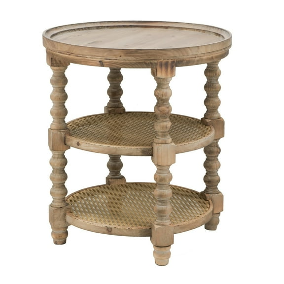 Jake 25 Inch 3 Tier Side Table, Fir Wood, 2 Woven Wicker Shelves, Brown- Saltoro Sherpi