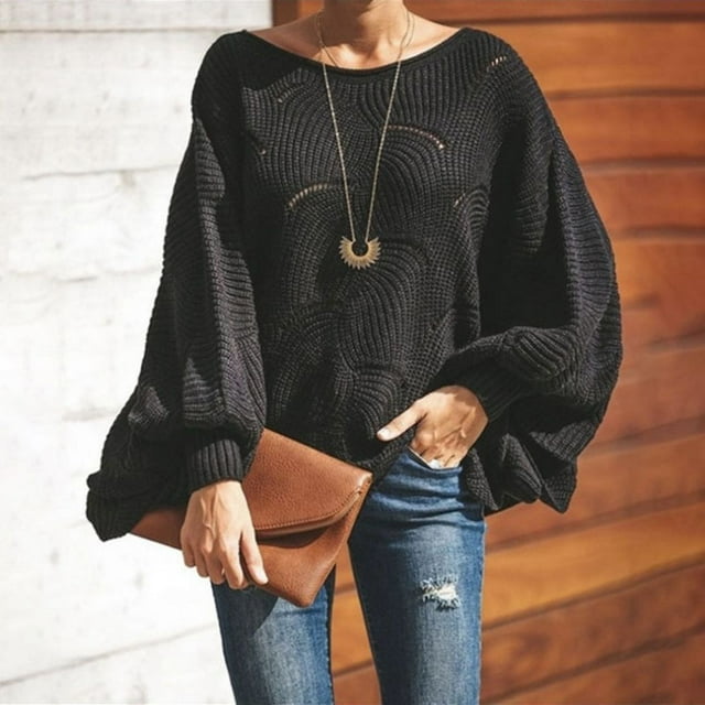 U.Vomade Nouveau Chandail Mode Grande Taille Col Rond Ample Décontracté Trou Lanterne Manche Tricoté Chandail pour Femmes