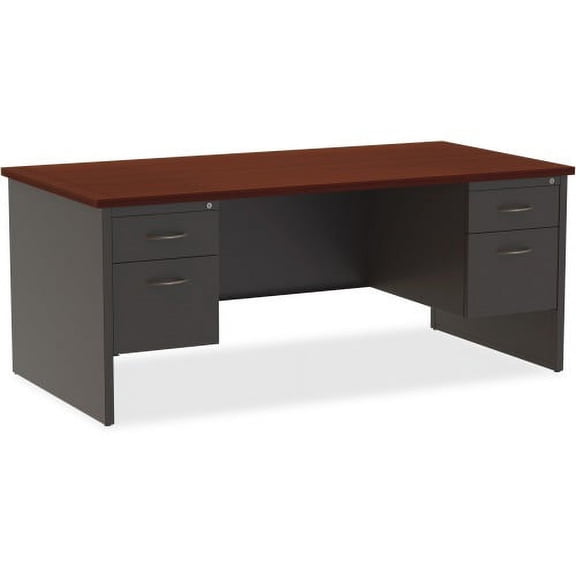 Lorell Mahogany Laminate/Charcoal Modular Desk Series Pedestal Desk - 2-Drawer 72" x 36" , 1.1" Top - 2 x Box Drawer(s), File Drawer(s) - Double Pedestal - Material: Steel - Finish: Mahogany Laminate,