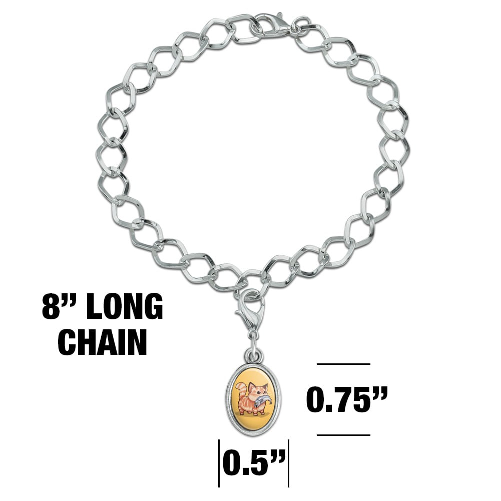 GRAPHICS & MORE Kawaii Cute Cat with Fish in Mouth Silver Plated Bracelet with Antiqued Charm 