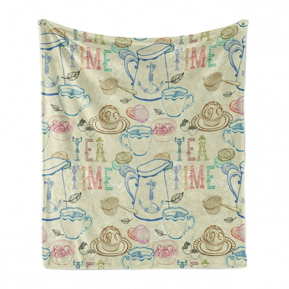 Tea Party Soft Flannel Fleece Throw Blanket, Pale Colored Tea Time Themed Image with Various Kitchenware and Sweets Pattern, Cozy Plush for Indoor and Outdoor Use, 70" x 90", Multicolor, by Ambesonne