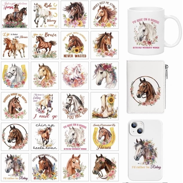 24 papeles de transferencia UV para tazas con temática de caballos, 24 estilos, pegatinas coloridas inspiradoras con caballos, flores y UV DTF.