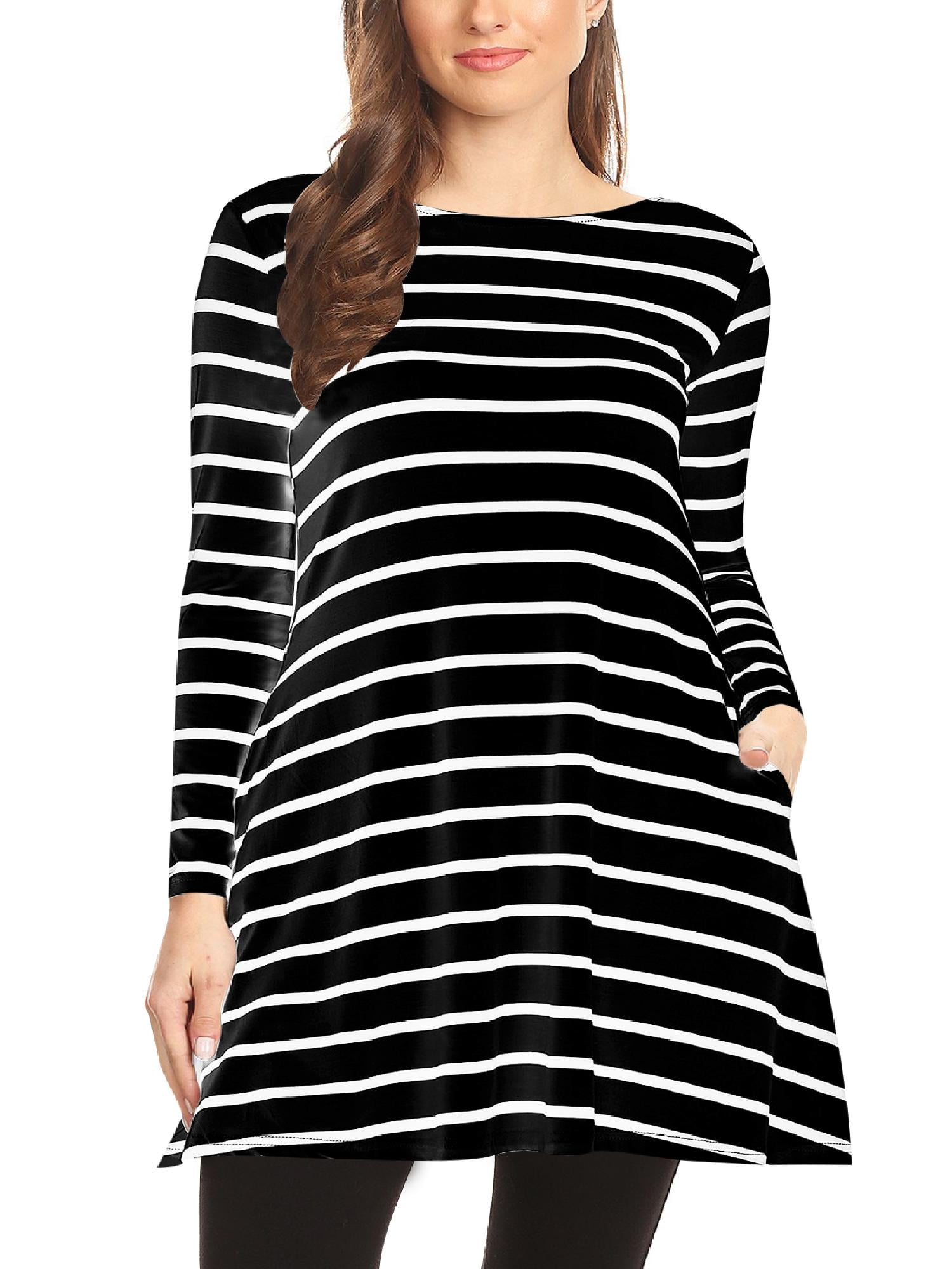 Women's Casual Striped ALine Pockets Long Sleeves Relaxed Fit Dress