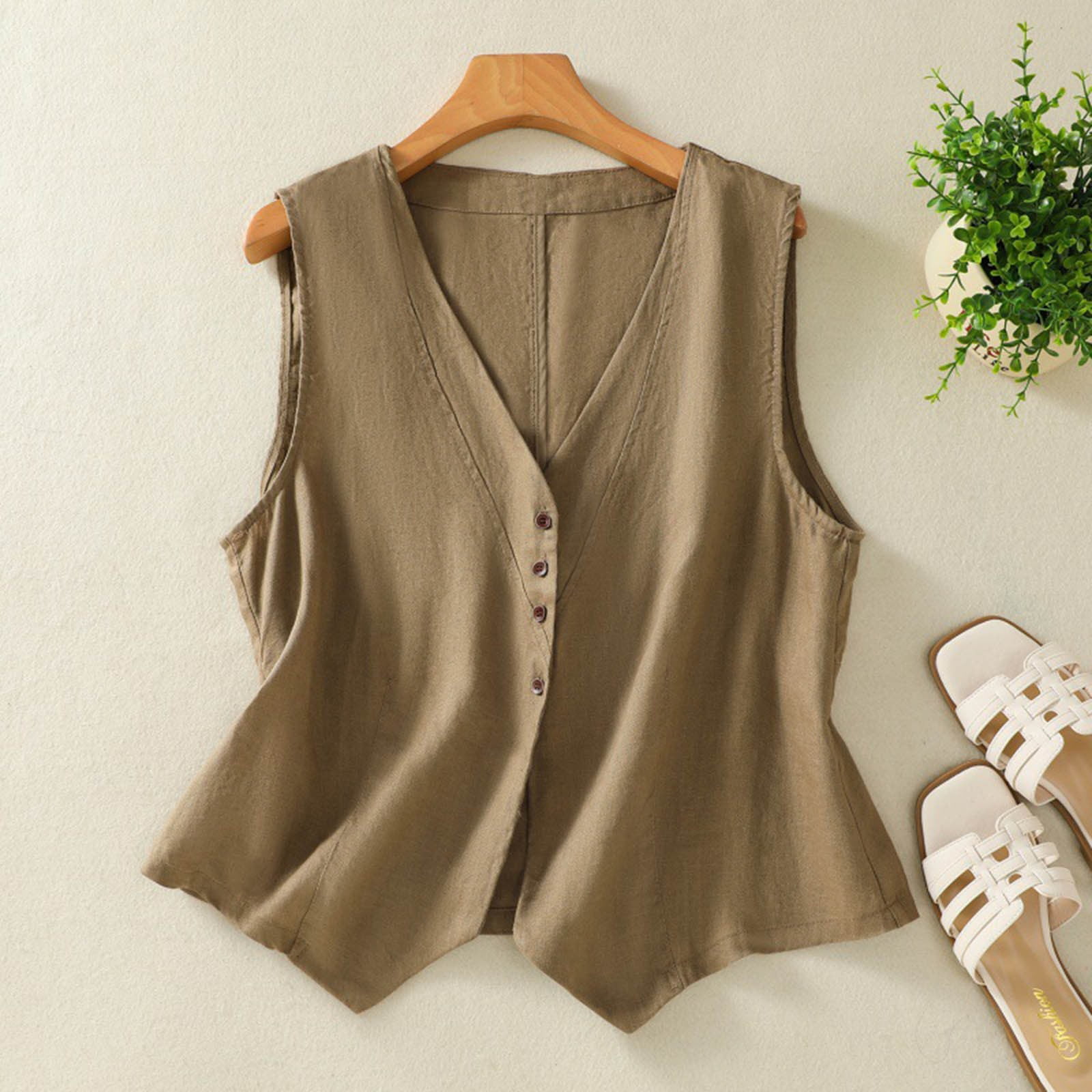 Womens Linen Vest Casual Loose V Neck Sleeveless Vests Jacke Fall