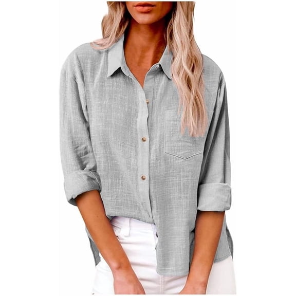 Button down shirts for women long sleeve Dressy Casual Tops Business Work Blouses Gauze Cotton Linen Shirts V Neck Loose Blouse Plus Size Elegant Tunic Top