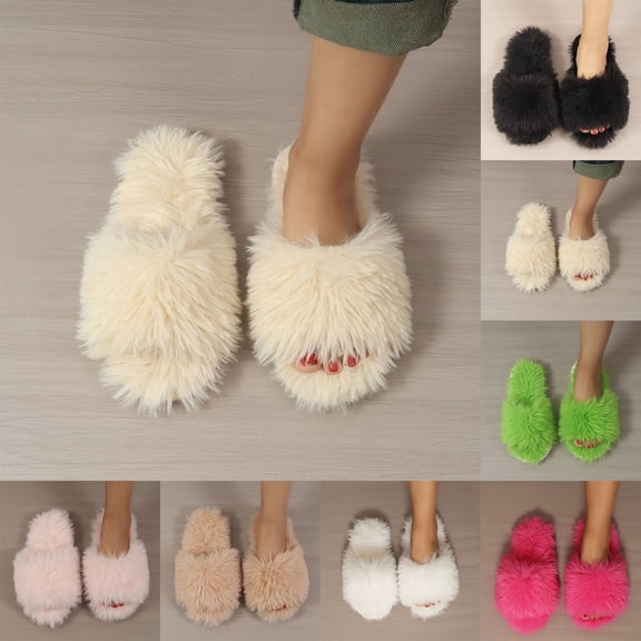 Wovix Women's Girls Fuzzy Memory Foam Cushionin Slippers Comfy Kids Fluffy Plush Open Toe House Slippers Slip On Furry Home Slides Indoor Outdoor Flip Flop House Shoes