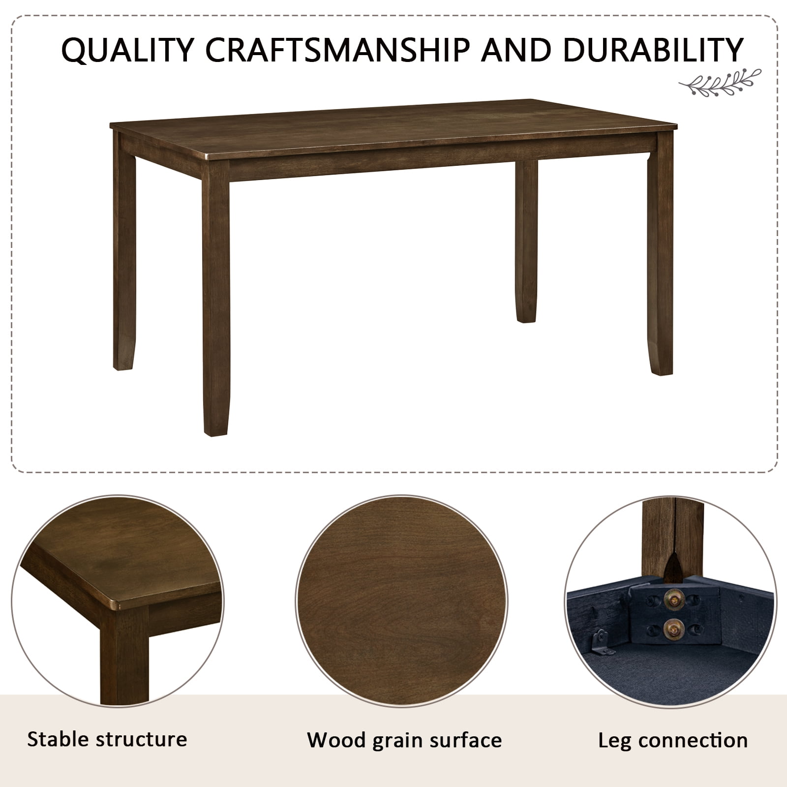 BSHTI 58.5" Walnut Wood Modern 6-Piece Dining Table Set with Fabric Upholstered Chairs, Bench, Comfortable Seating for Dining Room(Walnut)