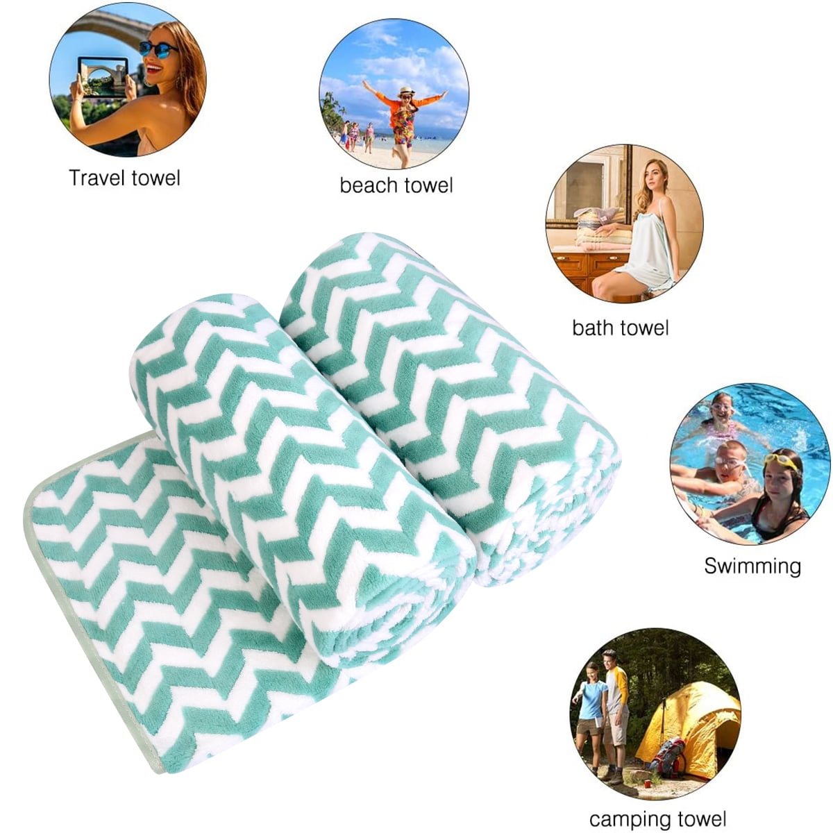 NC Fashion 2 Piece Chevron Microfiber Bath Towel Set, Green, White, Multi-color