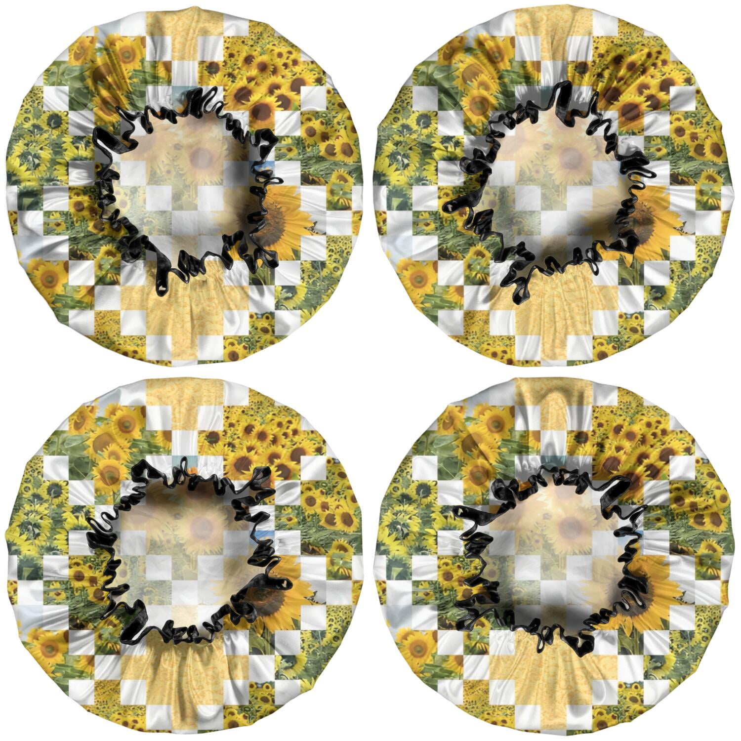 Shower Caps,Sunflower Checkered Pattern Waterproof Shower Cap for Women 4 Pieces,Double Reusable Hair Cover for Shower PEVA Elastic Stretch Hem