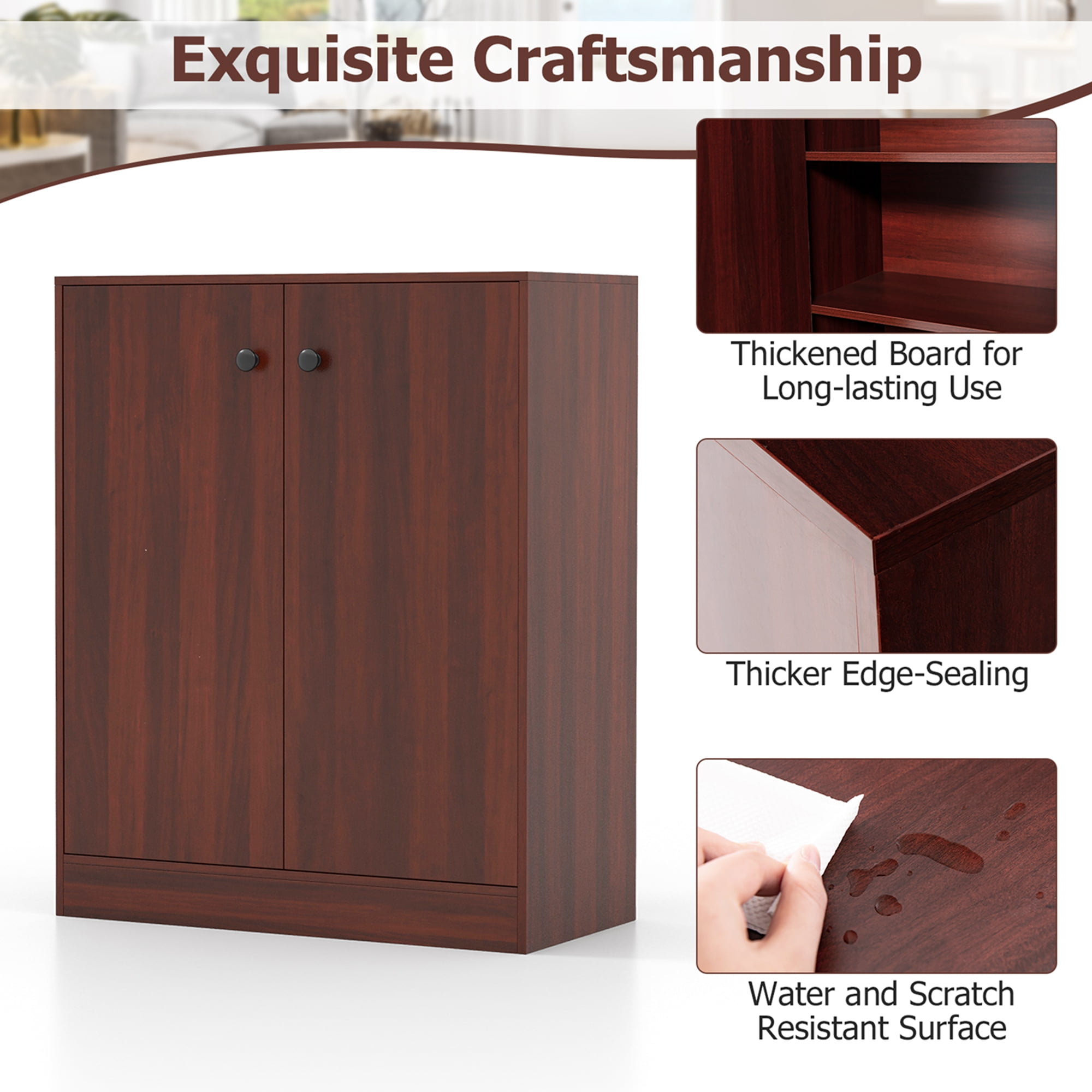 Costway 2-Door Storage Cabinet Freestanding Storage Organizer with 3-Tier Shelf Entryway Brown