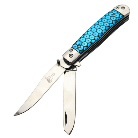 TheBoneEdge 7.5" 2-Blade Tactical Pocket Knife Blue with 3D Printed Handle and Steel Bolster