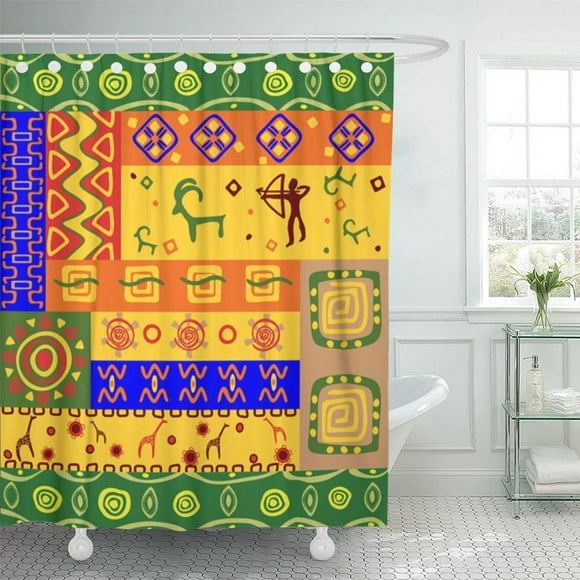 PKNMT Brown Tribal Abstract Ethnic Patterns Ornaments in Gallery Orange Africa African Bathroom Shower Curtain 66x72 inch