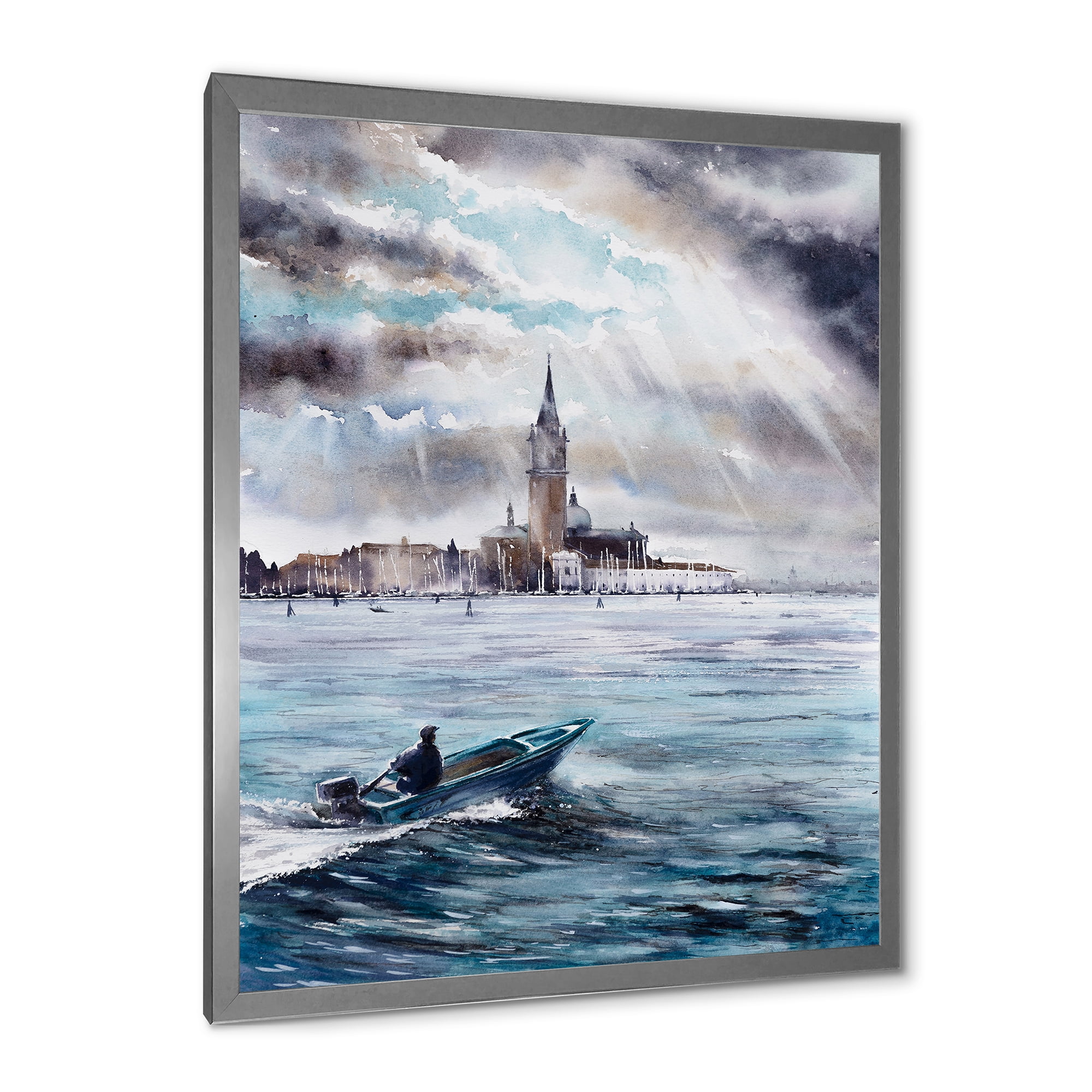 Designart 'Boat Returning In Storm Over Venice In Italy' Nautical & Coastal Framed Art Print