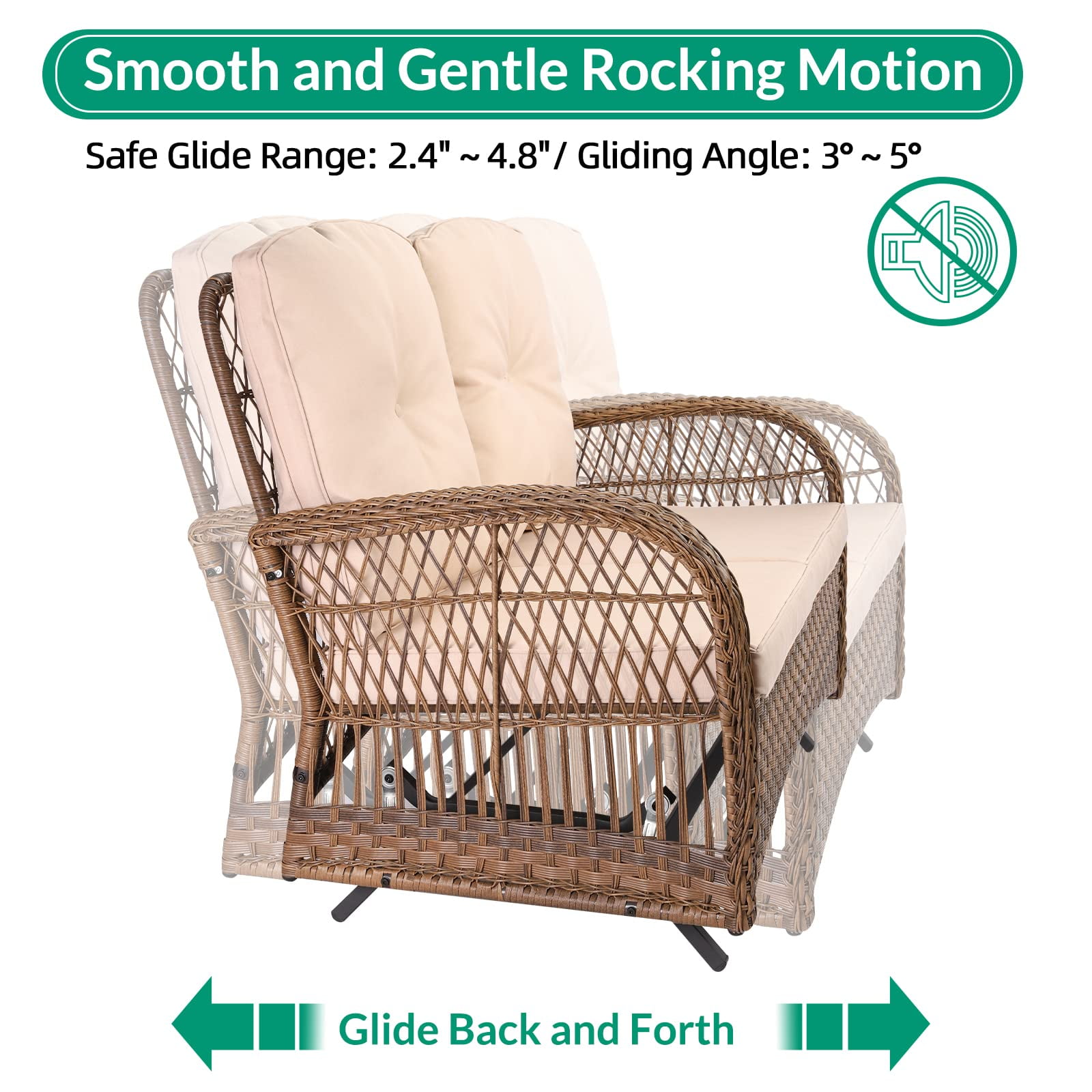 VIVIJASON 5-Piece Outdoor Patio Wicker Conversation Sets, All Weather Outdoor Rattan Furniture Set Includes Glider Loveseat, 2 Coffee Table, 2 Rocking Chairs with Cushions for Backyard, Light Brown